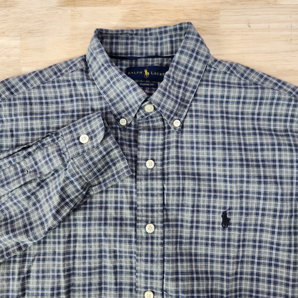 Ralph Lauren Classic Fit Long Sleeve Button Up Shirt Mens M Plaid Blue